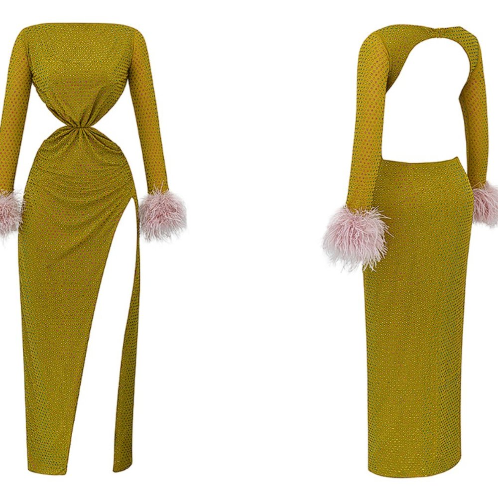 HOUSE OF CB 'Gina' Feathered Chartreuse Crystallised Maxi Dress NWOT - Picture 4 of 11